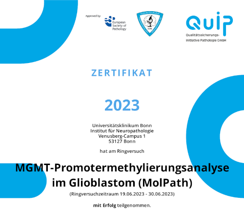 QUIP Ringversuchs-Zertifikat „MGMT-Promotermethylierungsanalyse im Glioblastom 2023“, Institut für Neuropathologie